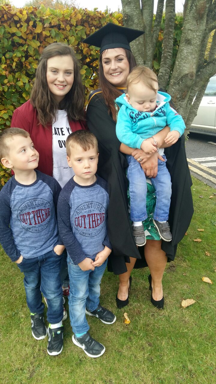 family, graduation, kids, gown, cap, grass, tree, lyit